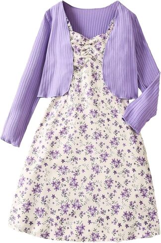 OYOANGLE Girl's 2 Piece Outfits Ditsy Floral Ruffle Cami Dress with Long Sleeve Cardigan Sets in Saudi Arabia