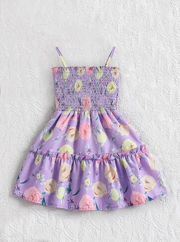 Girls Floral Sundress Summer Sleeveless Spaghetti Strap Smocked Dress Cute Ruffle Tiered Dress in Saudi Arabia