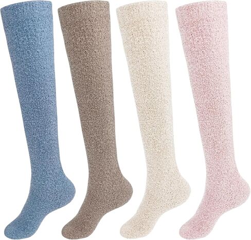 4 Pairs Fuzzy Socks for Women Warm Knee High Fluffy Socks Plush Winter Cozy Fuzzy Long Stockings for Christmas Gifts in Saudi Arabia