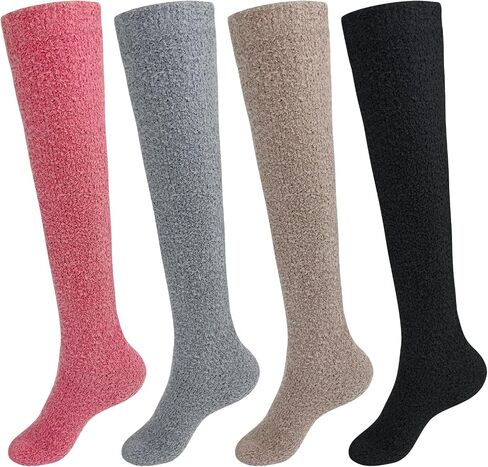 4 Pairs Fuzzy Socks for Women Warm Knee High Fluffy Socks Plush Winter Cozy Fuzzy Long Stockings for Christmas Gifts in Saudi Arabia