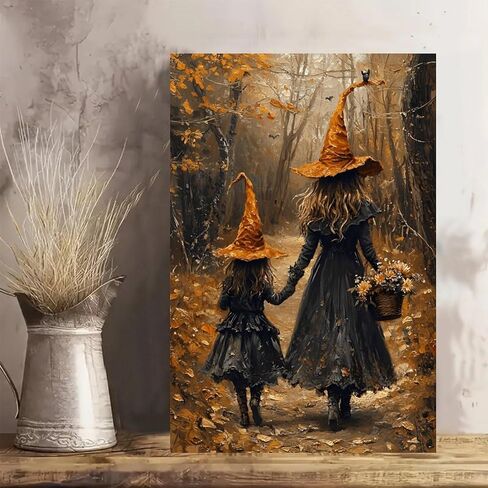Halloween Witches Walking Autumn Path Vintage Rustic Canvas Wall Art - 12x18in Unframed Poster- Home & Office Decor for Living Room, Bedroom, Kitchen & Cafe in Saudi Arabia