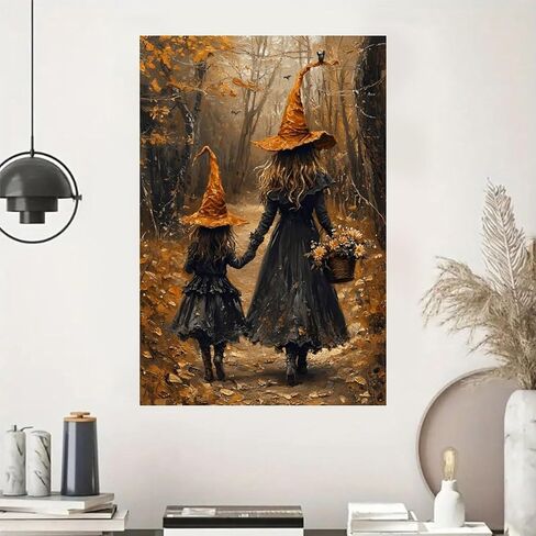 Halloween Witches Walking Autumn Path Vintage Rustic Canvas Wall Art - 12x18in Unframed Poster- Home & Office Decor for Living Room, Bedroom, Kitchen & Cafe in Saudi Arabia