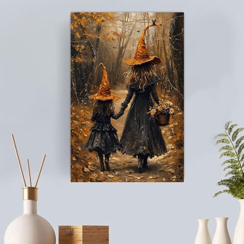 Halloween Witches Walking Autumn Path Vintage Rustic Canvas Wall Art - 12x18in Unframed Poster- Home & Office Decor for Living Room, Bedroom, Kitchen & Cafe in Saudi Arabia