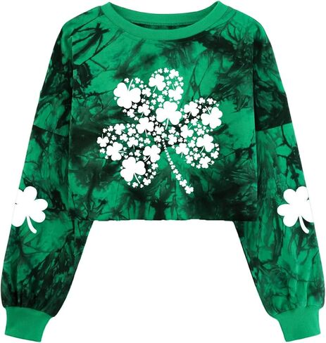 Womens St. Patrick's Day Crop Sweatshirts Funny Lucky Irish Shamrock Lantern Long Sleeve Spring Pullover Tops in Saudi Arabia