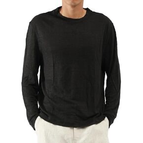 Men's 100% Linen Jersey T-Shirt Long Sleeve Relaxed Fit Coverstitch Detailing Breathable Crewneck Tee in Kuwait