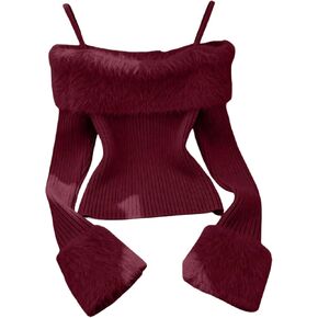 Women's Cold Shoulder Ribbed Knit Fall Sweater Fuzzy Trim Long Sleeve Furry Jumper Tops in Saudi Arabia