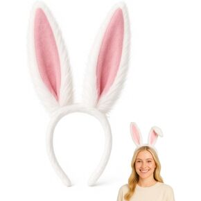 Bunny Ears Headband – White Rabbit Ears with Pink Lining and Flexible Wire Inside for Shapeable Styles – Furry Bunny Ears for Halloween Dress Up, Cosplay, Easter, Costume Parties, Kids & Adults in Kuwait