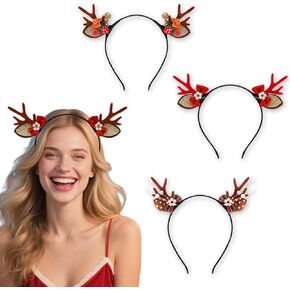 3Pcs Christmas Reindeer Antler Headbands Red Bow Flower Elk Headband Winter Xmas Reindeer Antler Hair Accessories Winter Christmas Red Brown Bow Flower Accessories for Women Holiday Pay Cosplay in Kuwait