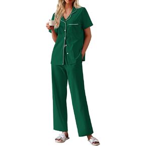 Ekouaer Women's Cotton Pajamas Set Short Sleeve Button Down Pjs 2 Piece Soft Sleepwear with Long Pants Lounge Set Green Medium in Kuwait