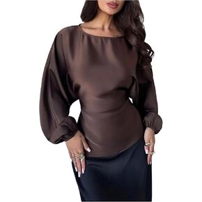 SHENHE Women's Satin Blouse Long Lantern Sleeve Dressy Casual Business Work Blouse Tie Back Top in Saudi Arabia