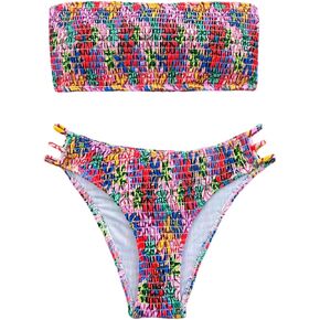 WDIRARA Women's 2PC Floral Smocked Swimsuit Strapless Bandeau Bikini Set Cut Out 2 Piece Bathing Suits in Saudi Arabia