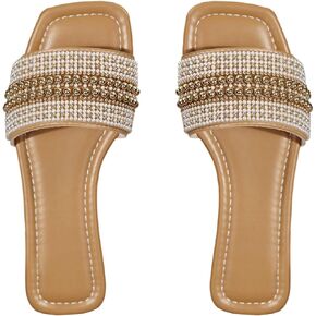OYOANGLE Women's Pearl Beaded Square Open Toe Slide Sandals Comfortable Non Slip Dressy Flat Sandal in Kuwait