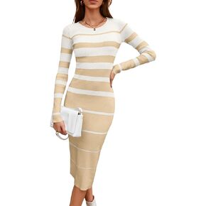 مكابو للسيدات الطويل الأكمام سترة مضلعة فستان الطاقم رقبة خطوط الجسم in Kuwait