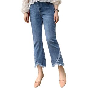 سراويل جينز نسائية FTIMILD عصرية ممزقة وممزقة من قماش الدنيم قابلة للتمدد بشراشيب وأهداب مع حاشية متوترة in Kuwait