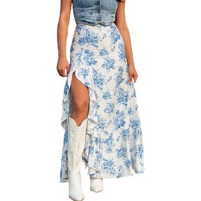 تنورات نسائية بوهو فلوي الأزهار ماكسي 2025 عالية الخصر تنورة خط الصيف تنورة كشكش غير رسمية مع شق in Kuwait