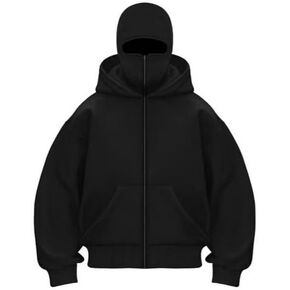 Black Zip Up Hoodie With Balaclava Design Winter Hoodie For Men 100 Cotton Zipper Full Face Coverage in Kuwait