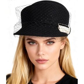 Women's Black Wool Felt Mesh Equestrian Hat with Bow Veil Winter Formal Church Tea Party Cocktail Beret Hats in Saudi Arabia