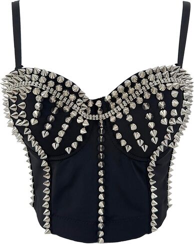 ELLACCI Women's Metal Studs Bustier Crop Top Rock Style Sexy Corset Top Black in Saudi Arabia
