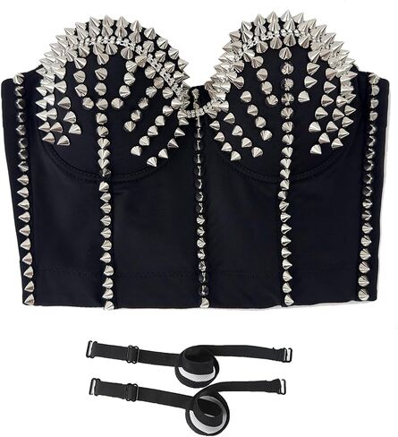 ELLACCI Women's Metal Studs Bustier Crop Top Rock Style Sexy Corset Top Black in Saudi Arabia