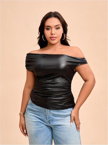 قمصان علوية نسائية من الجلد بمقاس كبير من MakeMeChic بكتف واحد مكشكشة ومجهزة للمهرجانات، قمصان شتوية عصرية in Kuwait