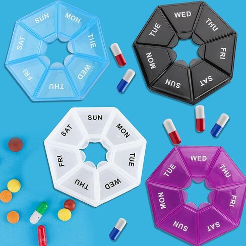 4 Pcs Weekly Pill Organizer, Portable Pill Boxes 7 Day Times Medicine Organizer Pill Case Large Compartment Tablet Box for Daily Medication Vitamins Supplement (Transparent, Black, Blue, Purple) in Saudi Arabia