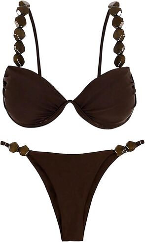 GORGLITTER Women's String Thong Bikini Set High Cut Push Up Triangle Sexy Beaded Swimsuits Bathing Suits in Saudi Arabia