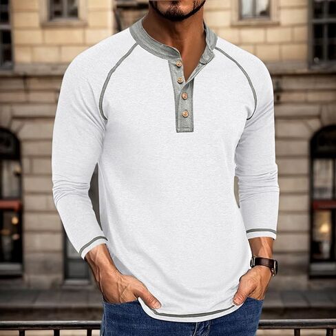 Mens Henley Shirts Long Sleeve Button T-Shirt Fashion Casual Pullover Shirts Classic Grew Neck Tees Tops in Saudi Arabia