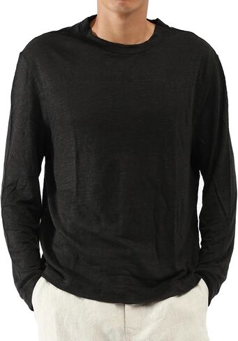 Men's 100% Linen Jersey T-Shirt Long Sleeve Relaxed Fit Coverstitch Detailing Breathable Crewneck Tee in Kuwait