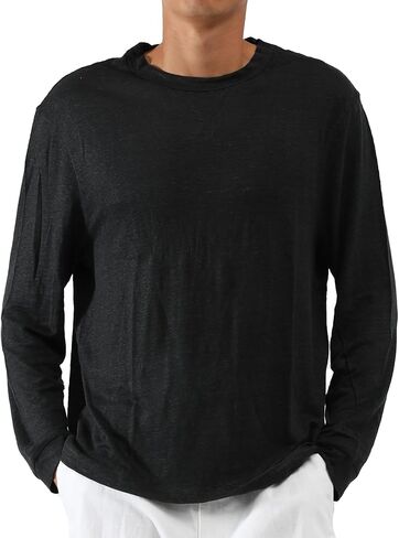 Men's 100% Linen Jersey T-Shirt Long Sleeve Relaxed Fit Coverstitch Detailing Breathable Crewneck Tee in Saudi Arabia