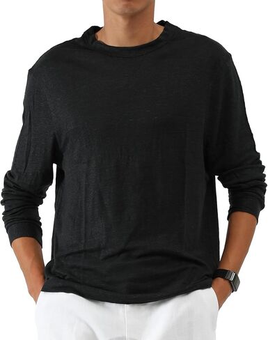 Men's 100% Linen Jersey T-Shirt Long Sleeve Relaxed Fit Coverstitch Detailing Breathable Crewneck Tee in Saudi Arabia