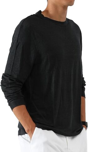Men's 100% Linen Jersey T-Shirt Long Sleeve Relaxed Fit Coverstitch Detailing Breathable Crewneck Tee in Saudi Arabia
