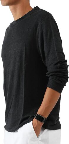 Men's 100% Linen Jersey T-Shirt Long Sleeve Relaxed Fit Coverstitch Detailing Breathable Crewneck Tee in Saudi Arabia