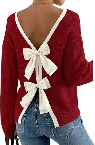 CHICWISH Women Bow Open Back Ribbed Knit Sweater Long Sleeve Crewneck Sexy Casual Holiday Party Backless Tie Sweater Tops in Saudi Arabia