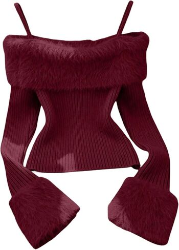 Women's Cold Shoulder Ribbed Knit Fall Sweater Fuzzy Trim Long Sleeve Furry Jumper Tops in Saudi Arabia