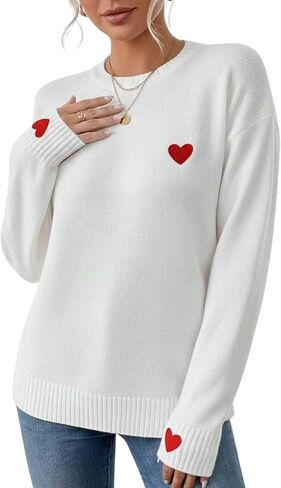 Verdusa Women's Heart Embroidery Pullover Sweaters Fall Clothes Drop Shoulder Knit Tops in Saudi Arabia
