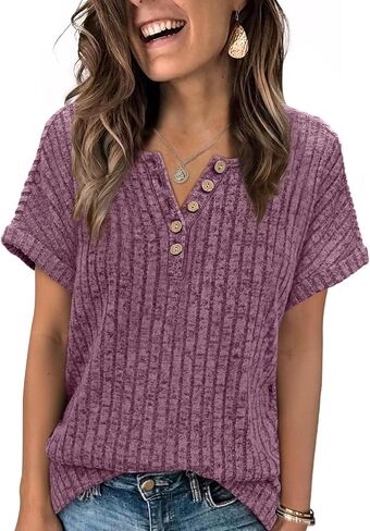 OFEEFAN Womens Short Sleeve Sweater Textured Tops Trendy Business Casual Outfits Work Blouses Fall Shirts in Saudi Arabia