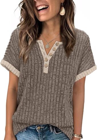 OFEEFAN Womens Short Sleeve Sweater Textured Tops Trendy Business Casual Outfits Work Blouses Fall Shirts in Saudi Arabia