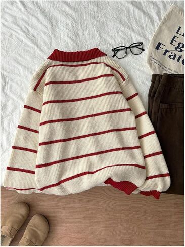 MakeMeChic Women's Collared Striped Sweater Long Sleeve Knit Fall Winter Sweaters Preppy Tops in Kuwait