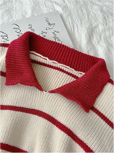 MakeMeChic Women's Collared Striped Sweater Long Sleeve Knit Fall Winter Sweaters Preppy Tops in Kuwait