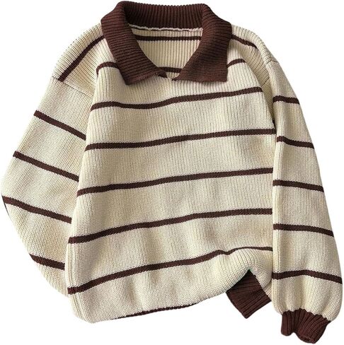 MakeMeChic Women's Collared Striped Sweater Long Sleeve Knit Fall Winter Sweaters Preppy Tops in Kuwait