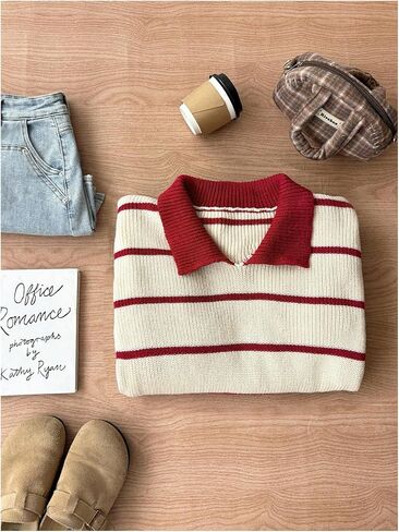 MakeMeChic Women's Collared Striped Sweater Long Sleeve Knit Fall Winter Sweaters Preppy Tops in Kuwait