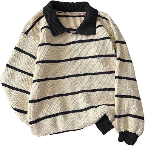 MakeMeChic Women's Collared Striped Sweater Long Sleeve Knit Fall Winter Sweaters Preppy Tops in Kuwait