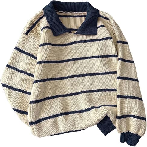 MakeMeChic Women's Collared Striped Sweater Long Sleeve Knit Fall Winter Sweaters Preppy Tops in Kuwait