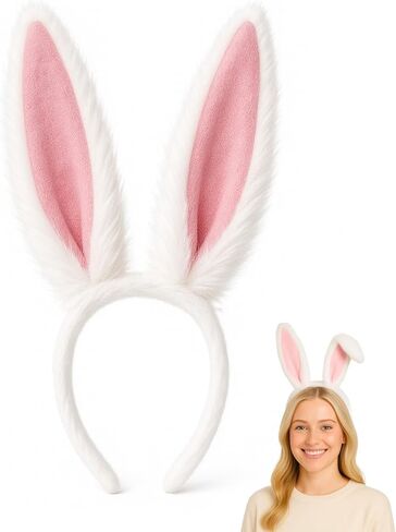 Bunny Ears Headband – White Rabbit Ears with Pink Lining and Flexible Wire Inside for Shapeable Styles – Furry Bunny Ears for Halloween Dress Up, Cosplay, Easter, Costume Parties, Kids & Adults in Kuwait