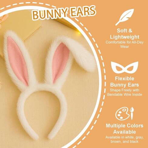 Bunny Ears Headband – White Rabbit Ears with Pink Lining and Flexible Wire Inside for Shapeable Styles – Furry Bunny Ears for Halloween Dress Up, Cosplay, Easter, Costume Parties, Kids & Adults in Kuwait