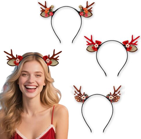 3Pcs Christmas Reindeer Antler Headbands Red Bow Flower Elk Headband Winter Xmas Reindeer Antler Hair Accessories Winter Christmas Red Brown Bow Flower Accessories for Women Holiday Pay Cosplay in Saudi Arabia
