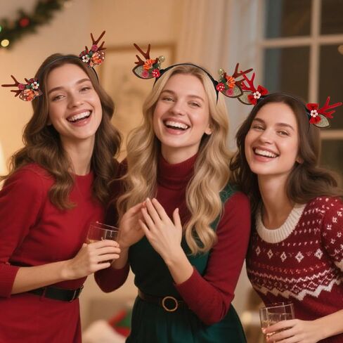 3Pcs Christmas Reindeer Antler Headbands Red Bow Flower Elk Headband Winter Xmas Reindeer Antler Hair Accessories Winter Christmas Red Brown Bow Flower Accessories for Women Holiday Pay Cosplay in Saudi Arabia