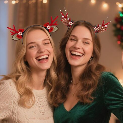 3Pcs Christmas Reindeer Antler Headbands Red Bow Flower Elk Headband Winter Xmas Reindeer Antler Hair Accessories Winter Christmas Red Brown Bow Flower Accessories for Women Holiday Pay Cosplay in Saudi Arabia