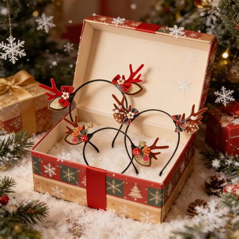 3Pcs Christmas Reindeer Antler Headbands Red Bow Flower Elk Headband Winter Xmas Reindeer Antler Hair Accessories Winter Christmas Red Brown Bow Flower Accessories for Women Holiday Pay Cosplay in Saudi Arabia