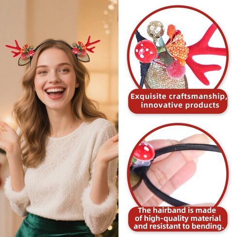 3Pcs Christmas Reindeer Antler Headbands Red Bow Flower Elk Headband Winter Xmas Reindeer Antler Hair Accessories Winter Christmas Red Brown Bow Flower Accessories for Women Holiday Pay Cosplay in Saudi Arabia